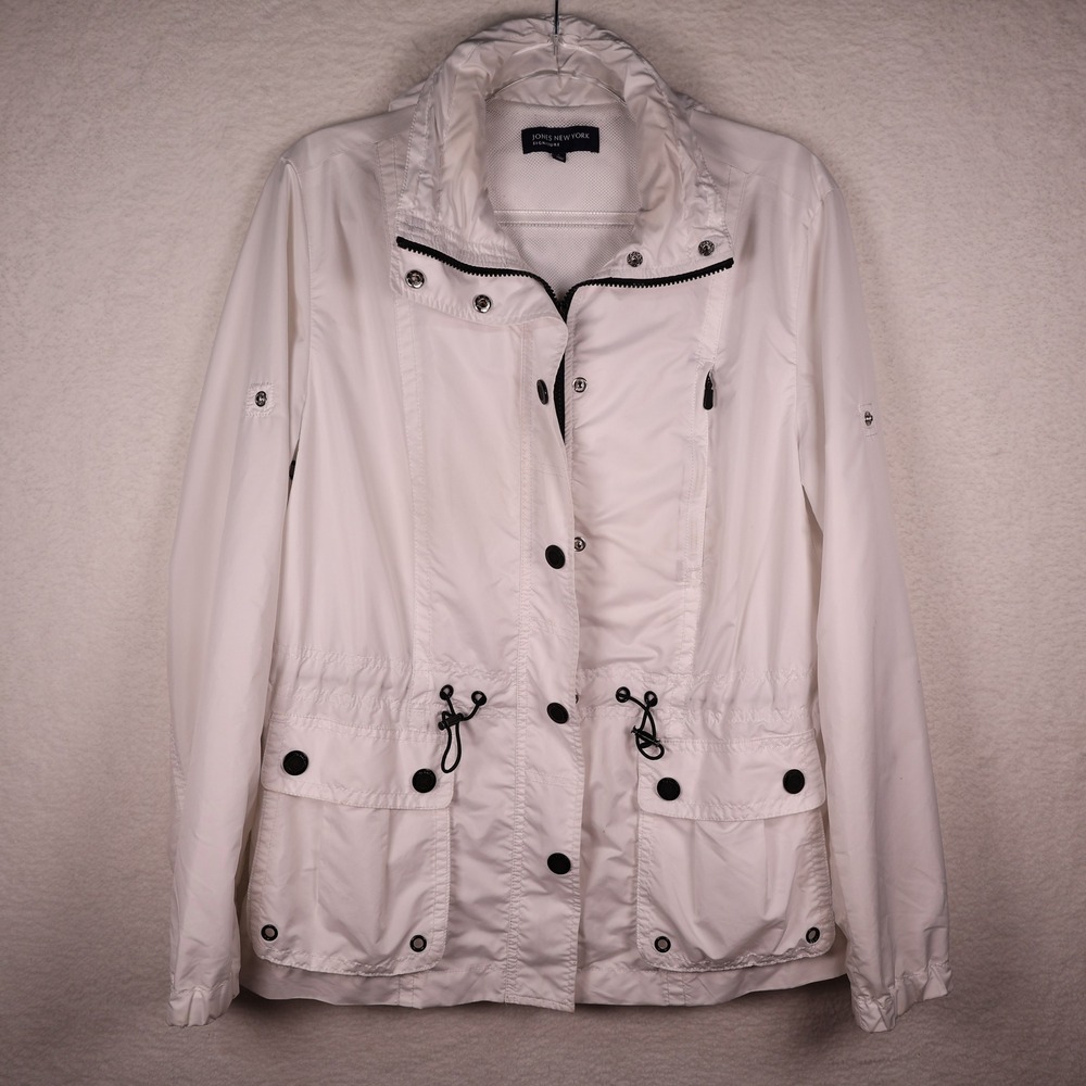 Jones New York Signature White Utility Jacket Stowaway Hood Womens Large L‎